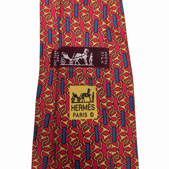 Hermes Men's Tie Equestrian Horsebits Red/Gold Silk 7192 UA 3.25